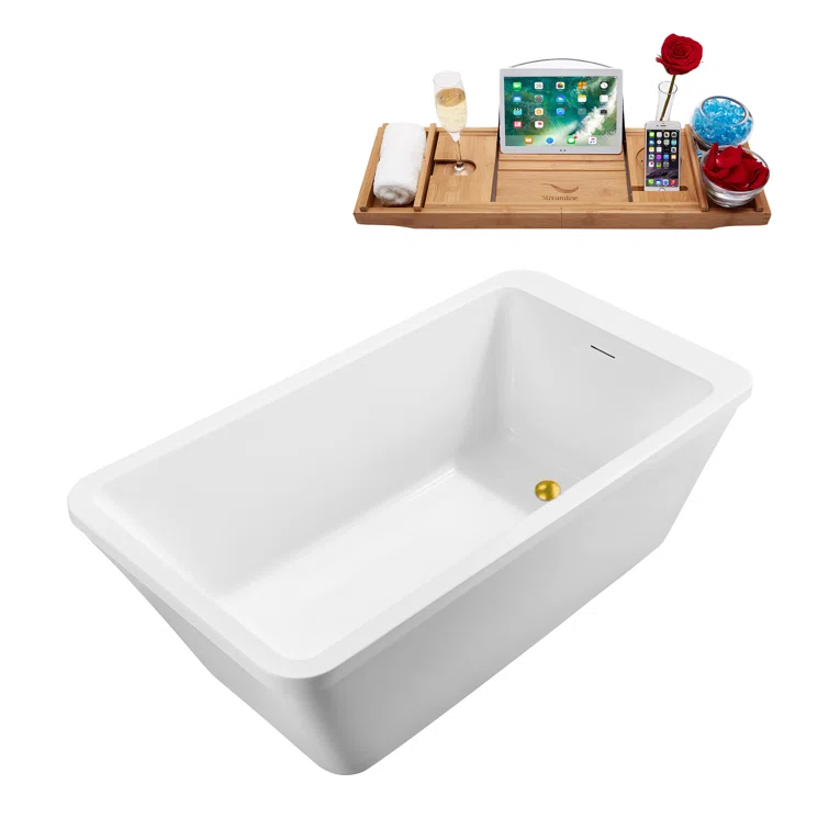 60'' Streamline Freestanding Soaking Acrylic Bathtub With Drain and Bamboo Tray