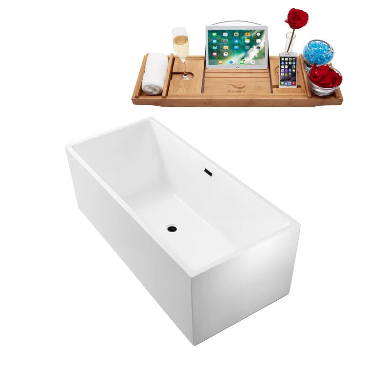 66" Streamline Freestanding Soaking Acrylic Bathtub With Drain and Bamboo Tray
