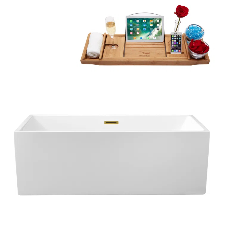 58" Streamline Freestanding Soaking Acrylic Bathtub With Drain and Bamboo Tray