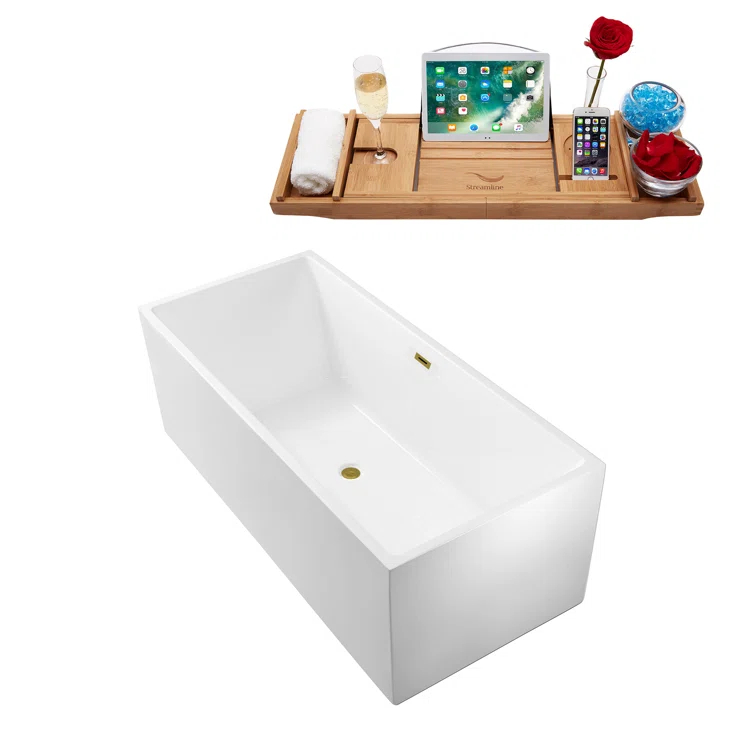 58" Streamline Freestanding Soaking Acrylic Bathtub With Drain and Bamboo Tray