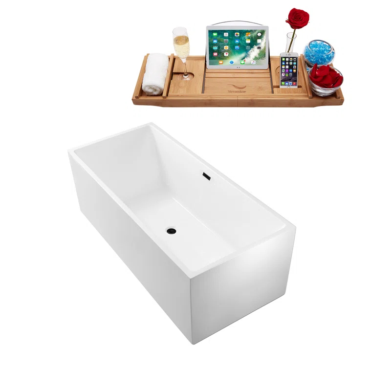 58" Streamline Freestanding Soaking Acrylic Bathtub With Drain and Bamboo Tray