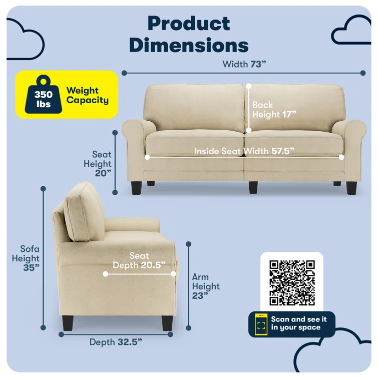 Serta Copenhagen 73" Rolled Arm Sofa, Easy Care Fabric, Soft Pillow Back, Pocket Coil Seat Cushions