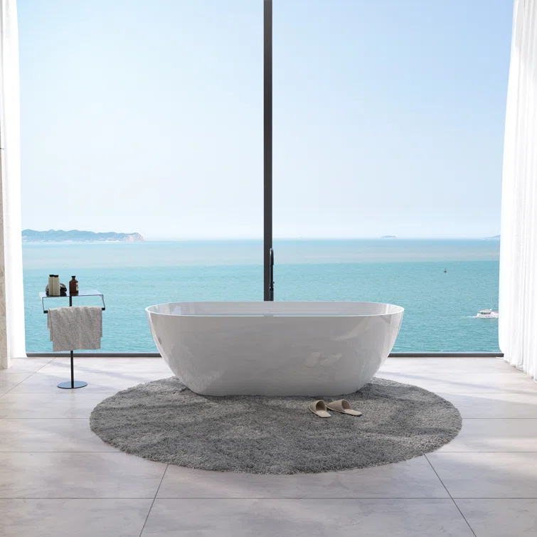 59" x 30" Freestanding Soaking Solid Surface Bathtub Stone Resin Bath Tub with Overflow and Pop-up Drain for Contemporary Bathroom, Glossy/Matte White