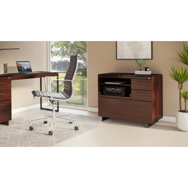 Chocolate Walnut and Black Mobile Filing Cabinet with Satin Glass Top