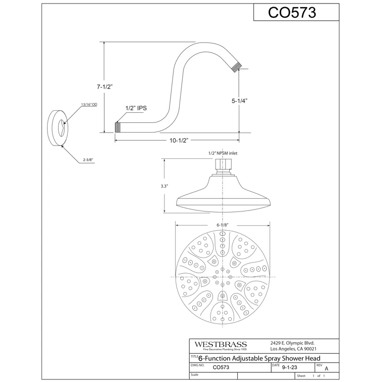 6" Round Thin 5-Function Adjustable Spray Shower Head with 8" S-Shaped Wall Mount Arm