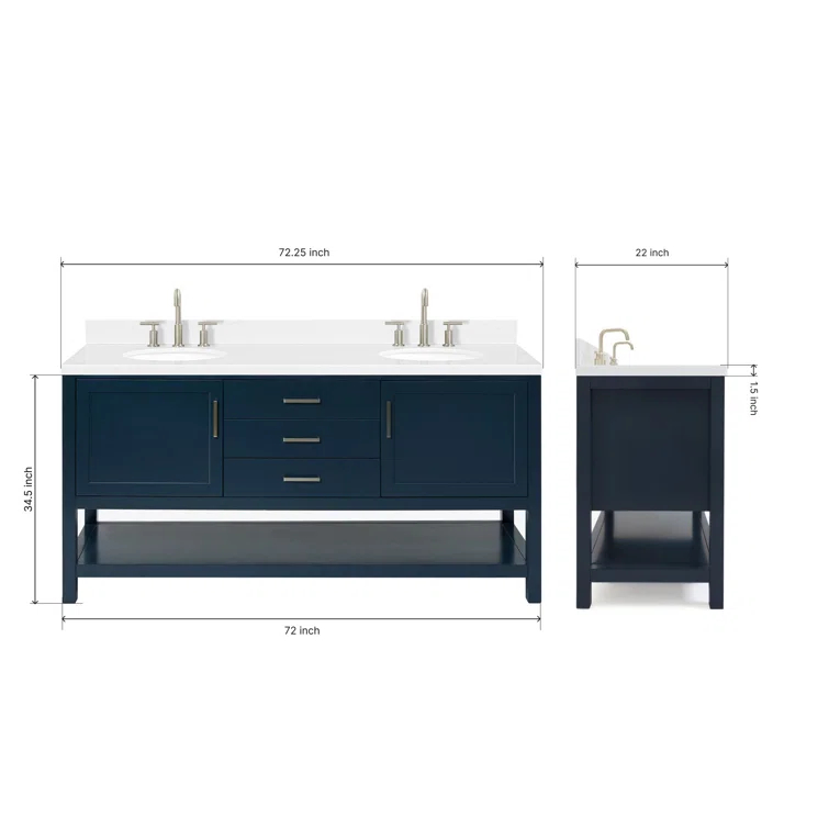 Bay Hill 72.25 in. W x 22 in. D x 36 in. H Double Sink Freestanding Bath Vanity in Midnight Blue with Man-Made Stone Top