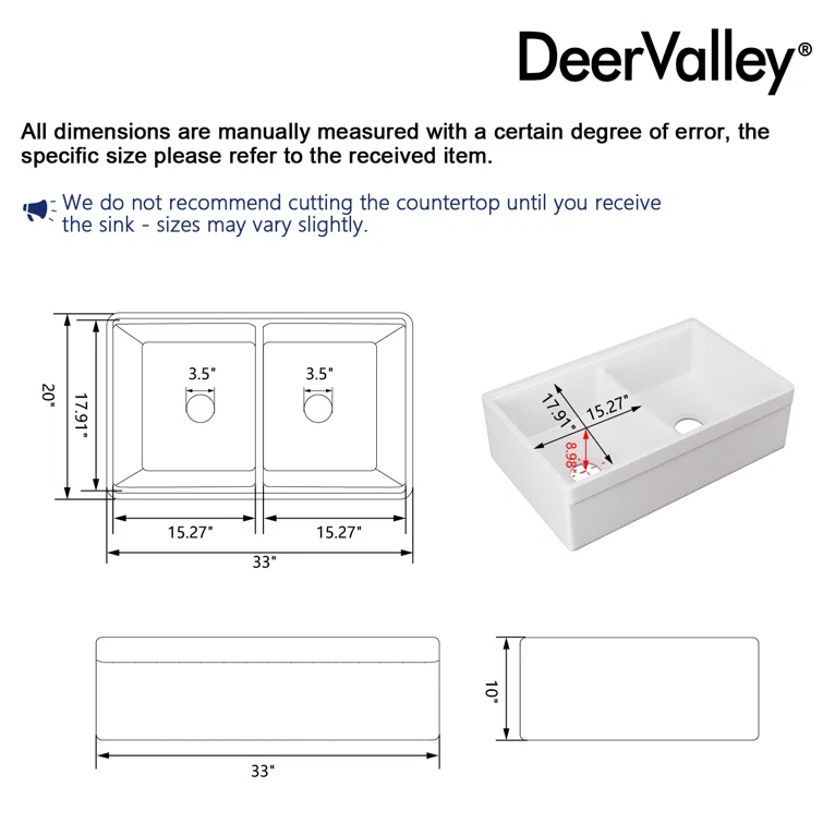 33" L X 20" W White Fireclay Double Bowl Workstation Farmhouse Kitchen Sink with Cutting Board And Dish-Drying Rack