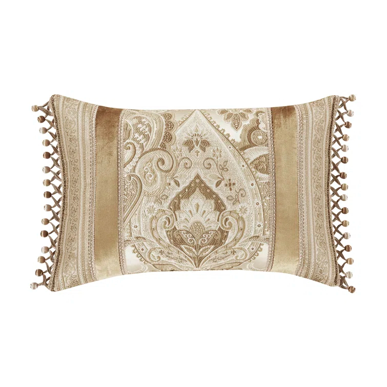 Beige and Brown Embroidered Velvet Rectangle Throw Pillow