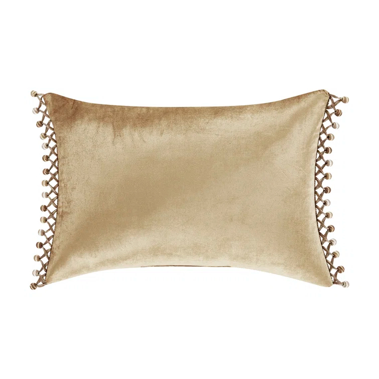 Beige and Brown Embroidered Velvet Rectangle Throw Pillow
