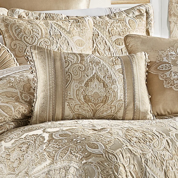 Beige and Brown Embroidered Velvet Rectangle Throw Pillow