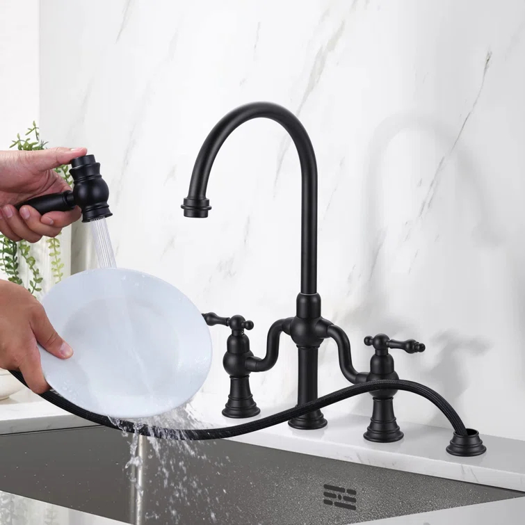 ARCORA Double-Handle High-Arc Widespread Deck Mounted Bridge Kitchen Faucet With Side Spray