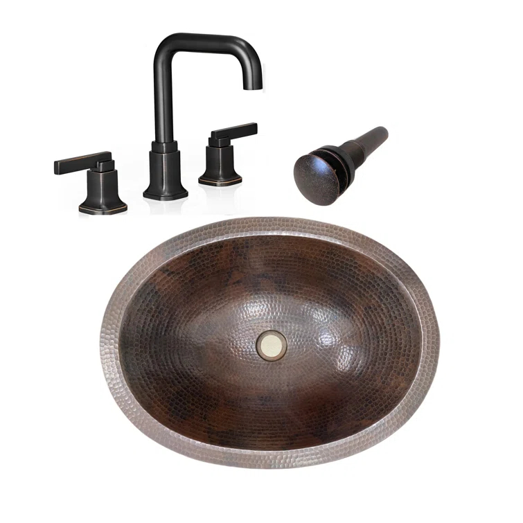 19'' Copper Oval Bathroom Sink with Faucet & Drain