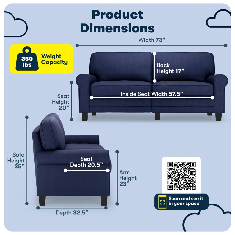 Serta Copenhagen 73" Rolled Arm Sofa, Easy Care Fabric, Soft Pillow Back, Pocket Coil Seat Cushions