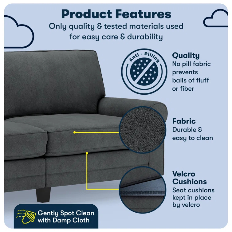Serta Copenhagen 78" Rolled Arm Sofa, Easy Care Fabric, Soft Pillow Back, Pocket Coil Seat Cushions
