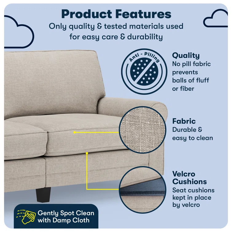 Serta Copenhagen 78" Rolled Arm Sofa, Easy Care Fabric, Soft Pillow Back, Pocket Coil Seat Cushions