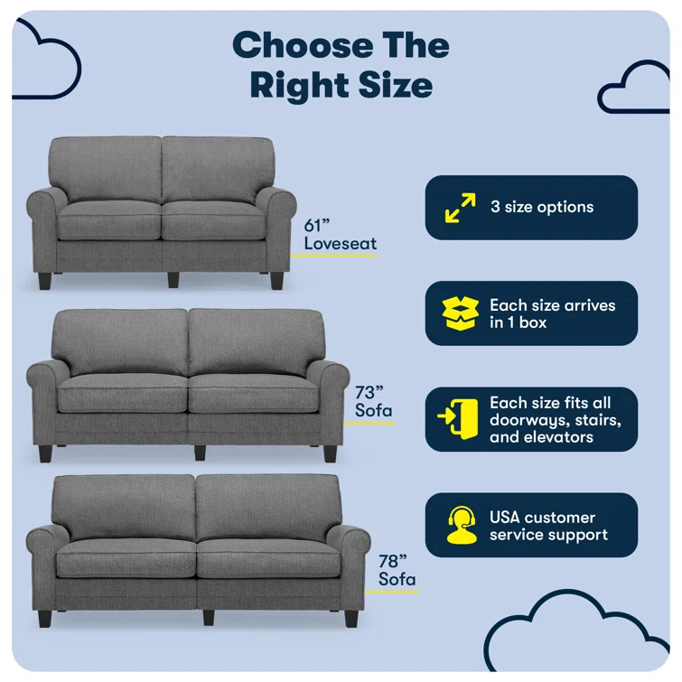 Serta Copenhagen 78" Rolled Arm Sofa, Easy Care Fabric, Soft Pillow Back, Pocket Coil Seat Cushions