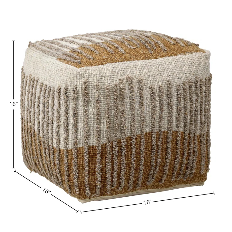 Eugene Mustard and Beige Handwoven Wool Pouf