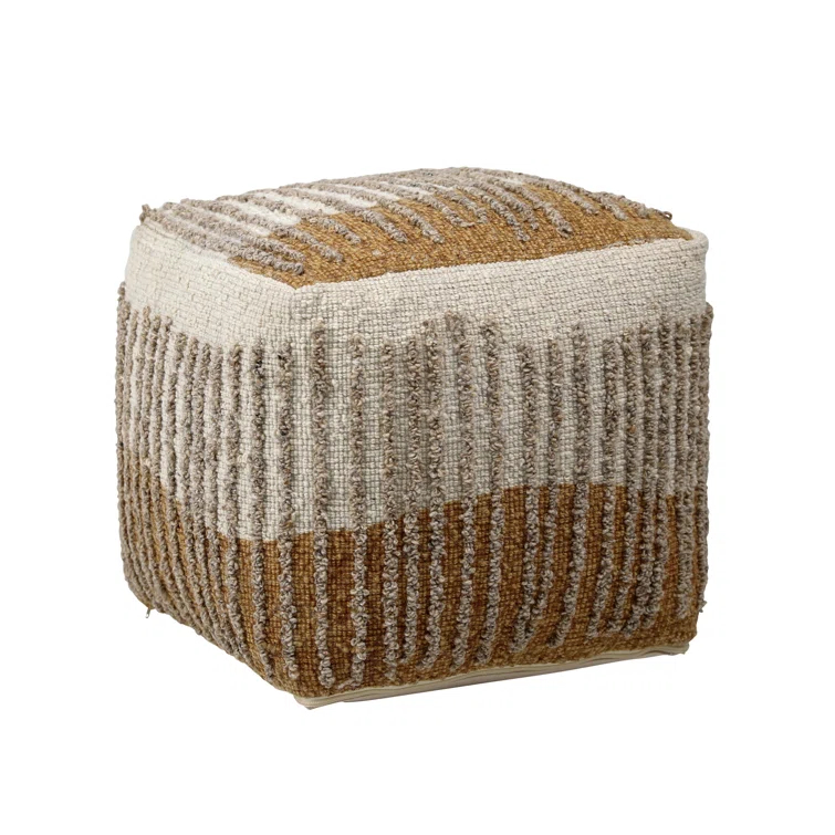 Eugene Mustard and Beige Handwoven Wool Pouf