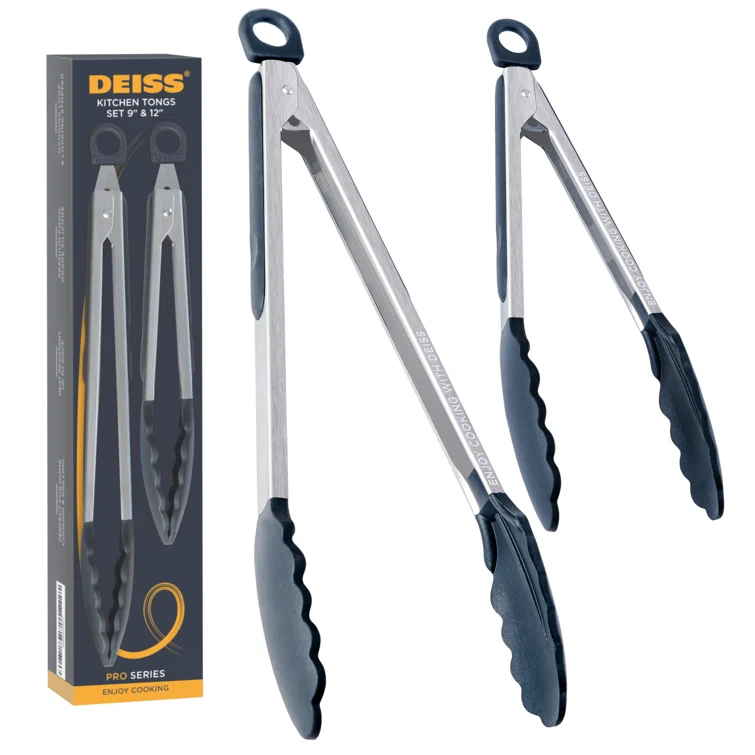 DEISS Deiss Pro 2-Piece Kitchen Tongs with Heat Resistant Silicone Tips for Cooking, BBQ - 9'' and 12'' (Set of 2)