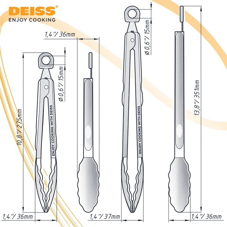 DEISS Deiss Pro 2-Piece Kitchen Tongs with Heat Resistant Silicone Tips for Cooking, BBQ - 9'' and 12'' (Set of 2)