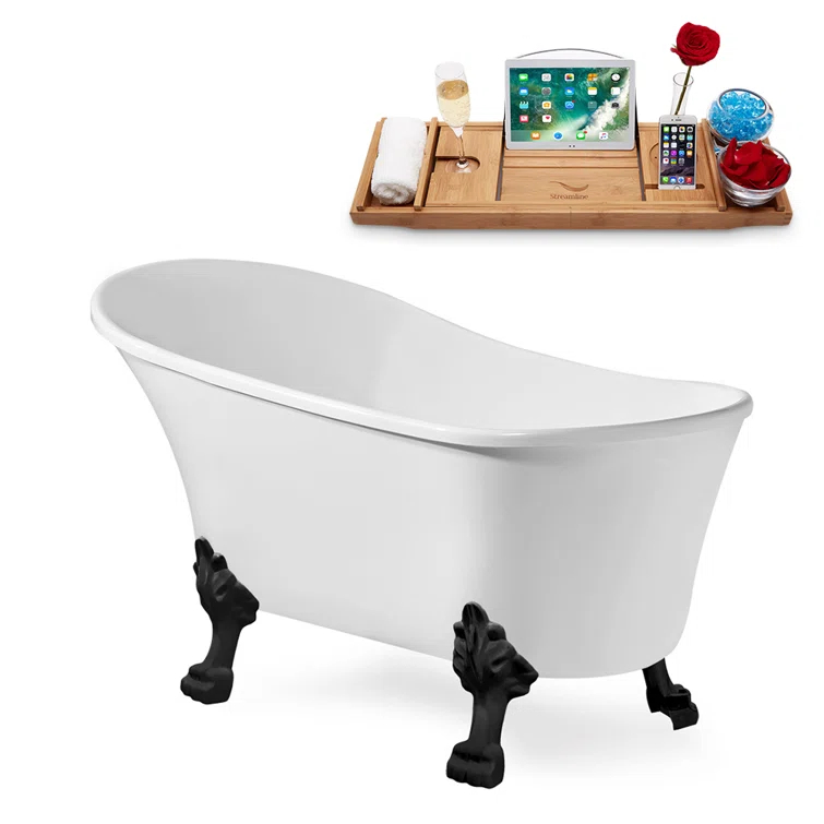 55" Streamline Clawfoot Soaking Acrylic Bathtub With Drain, Clawfeet, and Bamboo Tray