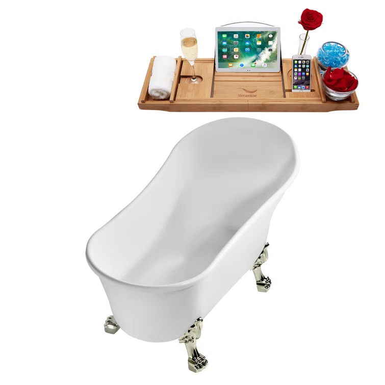 55" Streamline Clawfoot Soaking Acrylic Bathtub With Drain, Clawfeet, and Bamboo Tray
