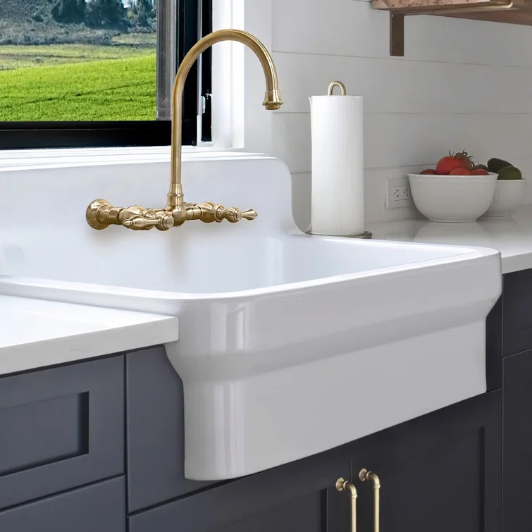 Whitehaus Collection 30" Front Apron Fireclay Kitchen Sink with High Back Splash & Faucet Drilling