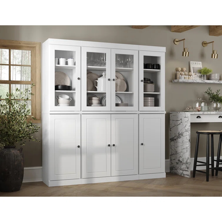 Pulcova 100% Solid Wood 65" Pantry Cabinet with Solid, Clear Glass Doors, 2-Drawers and Adjustable Shelves