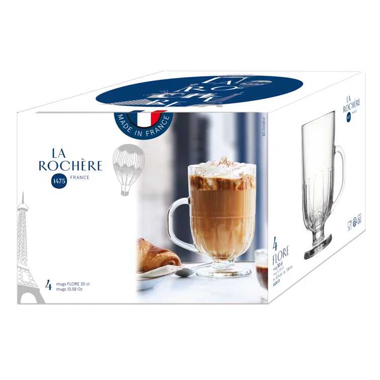 Flore Clear Glass Coffee Mug with Art Deco Design, 300ml