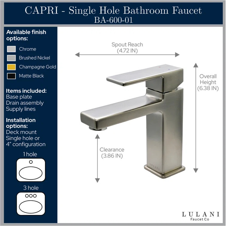 Lulani Capri Single Hole Bathroom Faucet with Drain Assembly