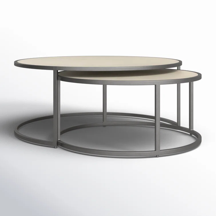 Gray and Cream Round Wood Metal Nesting Coffee Table