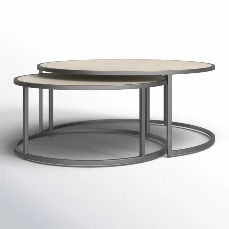 Gray and Cream Round Wood Metal Nesting Coffee Table