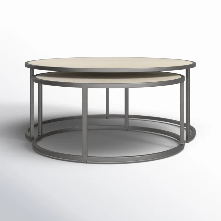 Gray and Cream Round Wood Metal Nesting Coffee Table