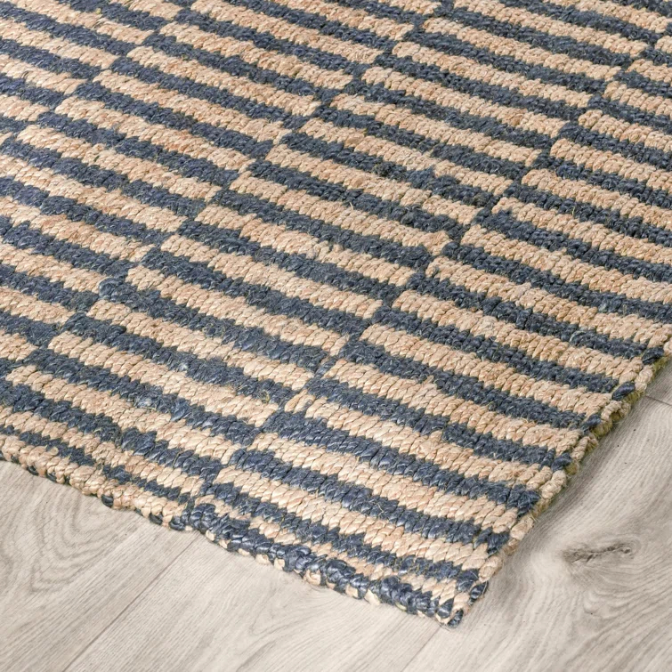 Handmade Blue and Beige Striped Jute Area Rug 8' x 10'