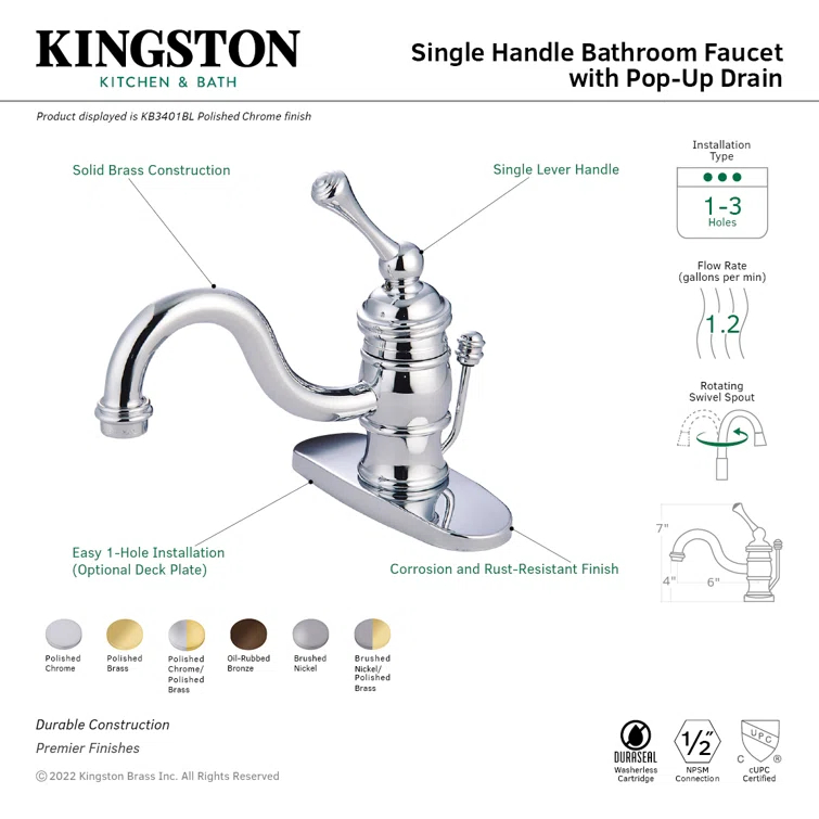 Kingston Brass Victorian Single-Handle 1-Hole Deck Mount Bathroom Faucet with Plastic Pop-Up
