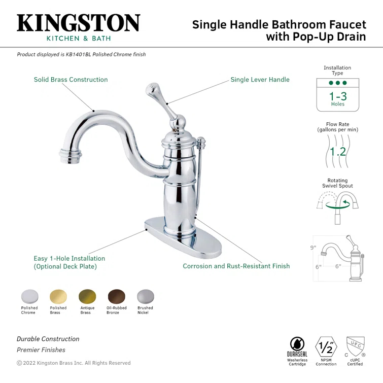 Kingston Brass Victorian Single-Handle 1-Hole Deck Mount Bathroom Faucet with Plastic Pop-Up