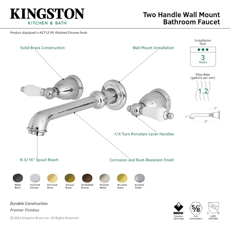 Kingston Brass English Country Two-Handle 3-Hole Wall Mount Bathroom Faucet
