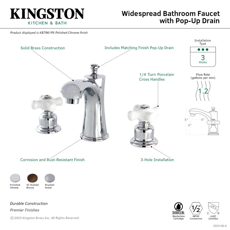 Kingston Brass Victorian Two-Handle 3-Hole Deck Mount Widespread Bathroom Faucet with Retail Pop-Up Drain