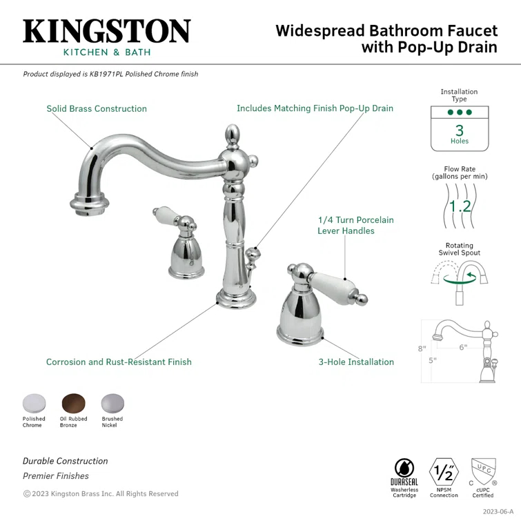 Kingston Brass Heritage Two-Handle 3-Hole Deck Mount Widespread Bathroom Faucet with Pop-Up Drain