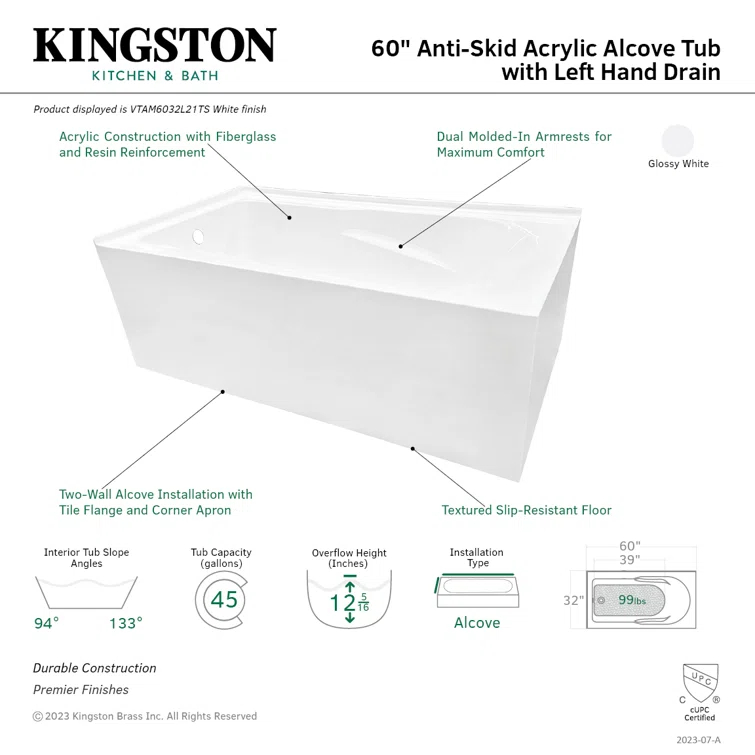 Kingston Brass Aqua Eden 60-Inch Acrylic Rectangular 2-Wall Corner Alcove Tub, Hand Drain