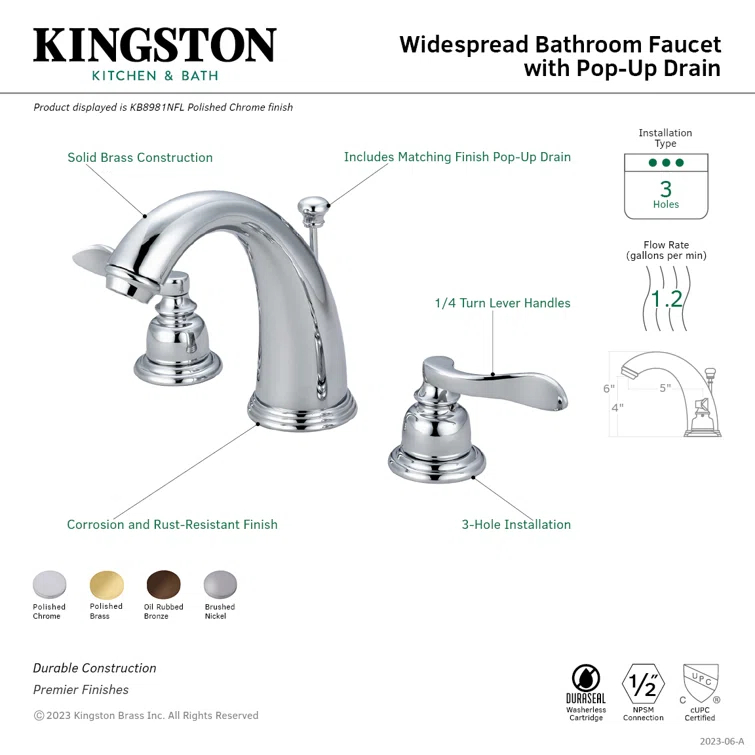 Kingston Brass NuWave French Two-Handle 3-Hole Deck Mount Widespread Bathroom Faucet with Retail Pop-Up Drain