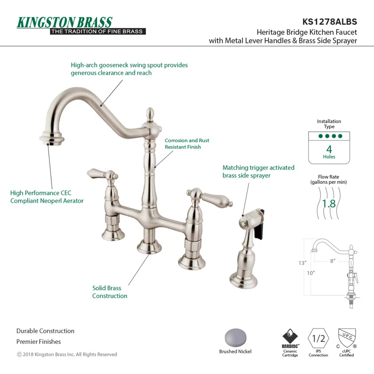 Kingston Brass Heritage Two-Handle 4-Hole Deck Mount Bridge Kitchen Faucet with Brass Side Sprayer