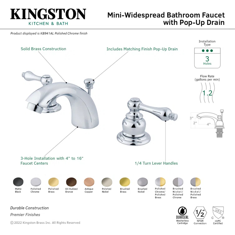 Kingston Brass Victorian Two-Handle 3-Hole Deck Mount Mini-Widespread Bathroom Faucet with Plastic Pop-Up