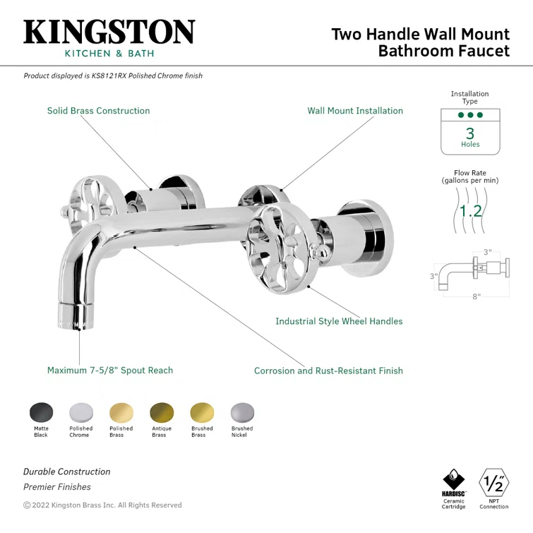 Kingston Brass Belknap Two-Handle 3-Hole Wall Mount Bathroom Faucet