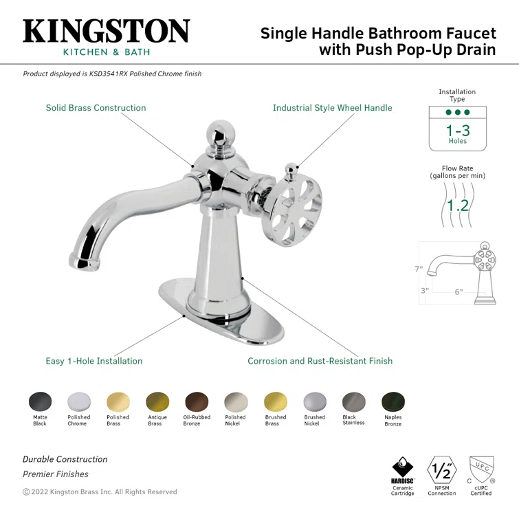 Kingston Brass Belknap Single-Handle 1-Hole Deck Mount Bathroom Faucet with Push Pop-Up and Deck Plate