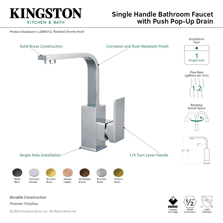 Kingston Brass Claremont Single-Handle 1-Hole Deck Mount Bathroom Faucet with Push Pop-Up