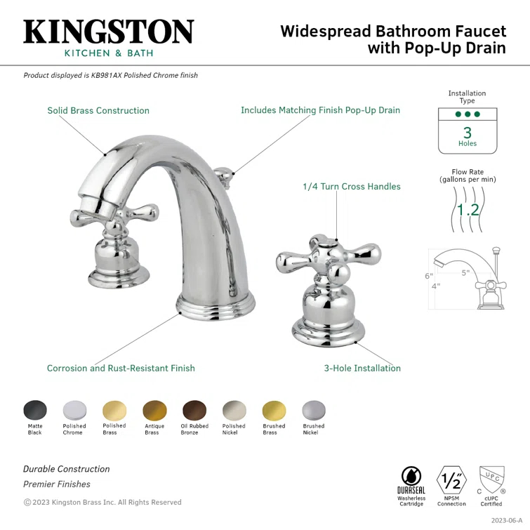 Kingston Brass Victorian Two-Handle 3-Hole Deck Mount Widespread Bathroom Faucet with Retail Pop-Up Drain