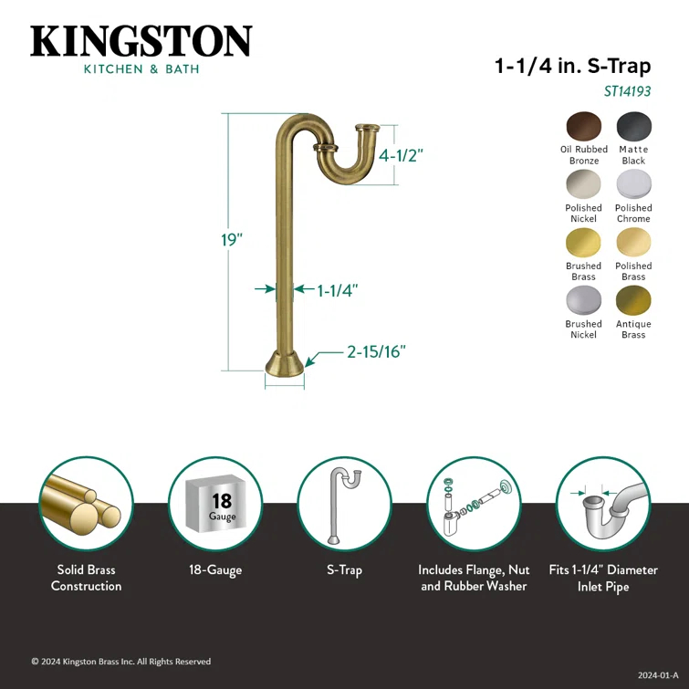 Kingston Brass ST14190 Kingston Brass Vintage 1-1/4 Inch Brass S-Trap, 18 Gauge