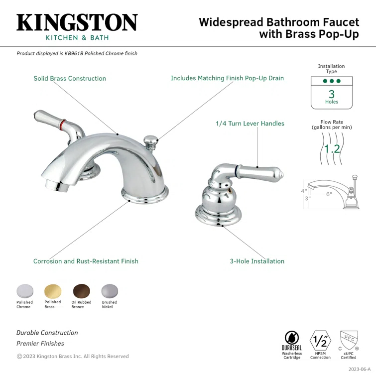 Kingston Brass Magellan Two-Handle 3-Hole Deck Mount Widespread Bathroom Faucet with Brass Pop-Up Drain
