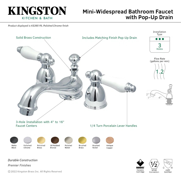 Kingston Brass Restoration Two-Handle 3-Hole Deck Mount Mini-Widespread Bathroom Faucet with Brass Pop-Up